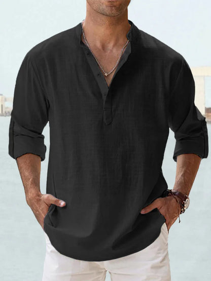 Camisa informal de lino y algodón de manga larga para hombre