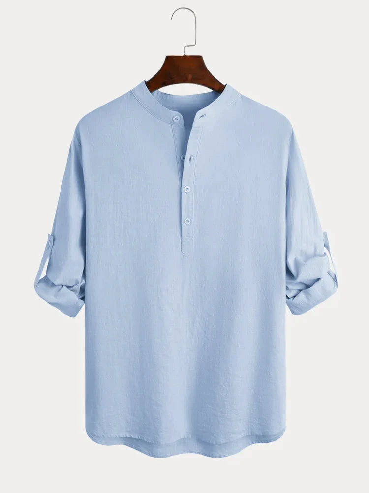 Camisa informal de lino y algodón de manga larga para hombre