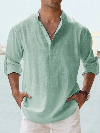 Camisa informal de lino y algodón de manga larga para hombre