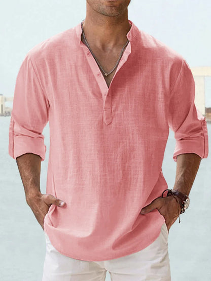 Camisa informal de lino y algodón de manga larga para hombre