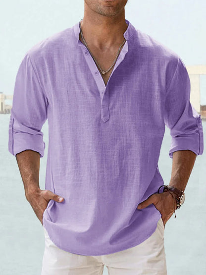Camisa informal de lino y algodón de manga larga para hombre