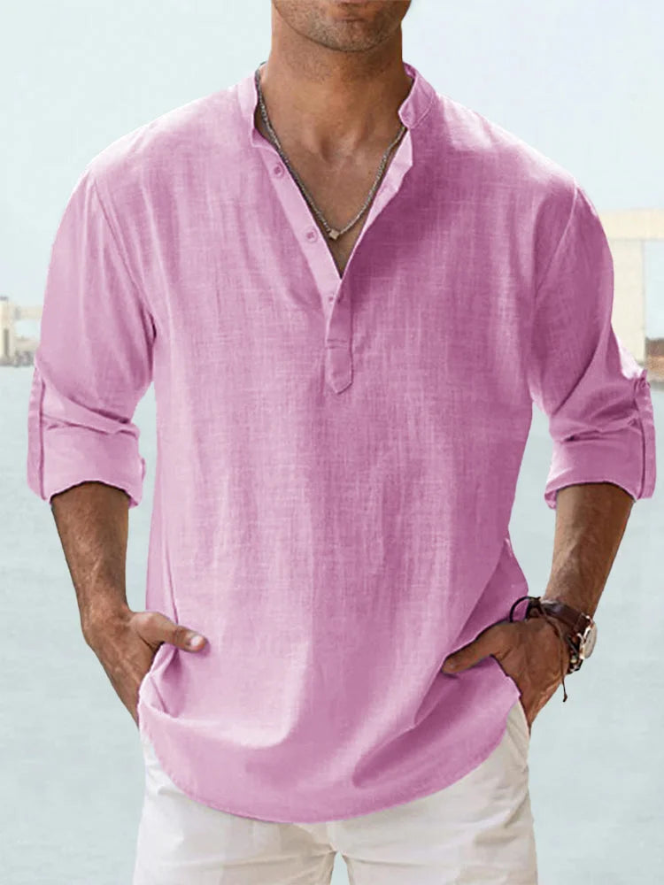 Camisa informal de lino y algodón de manga larga para hombre