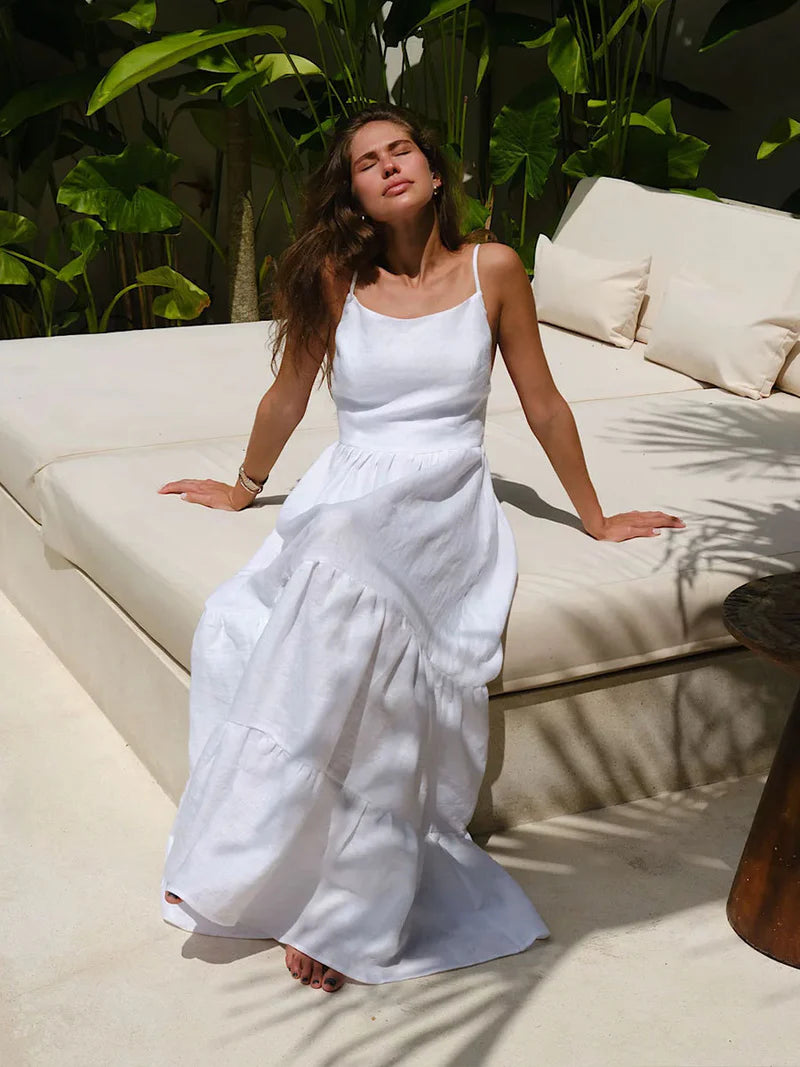 VESTIDO BRUNCA LARGO DE TIRANTES CON ESPALDA DESCUBIERTA Y COLOR SÓLIDO