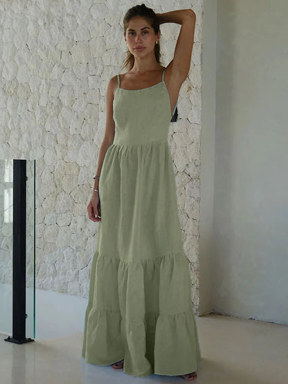 VESTIDO BRUNCA LARGO DE TIRANTES CON ESPALDA DESCUBIERTA Y COLOR SÓLIDO