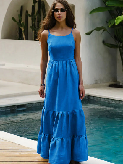 VESTIDO BRUNCA LARGO DE TIRANTES CON ESPALDA DESCUBIERTA Y COLOR SÓLIDO