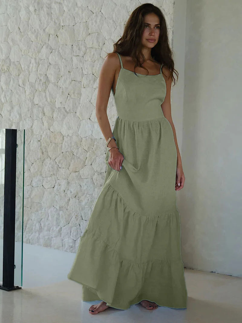 VESTIDO BRUNCA LARGO DE TIRANTES CON ESPALDA DESCUBIERTA Y COLOR SÓLIDO