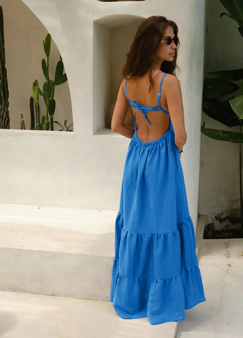 VESTIDO BRUNCA LARGO DE TIRANTES CON ESPALDA DESCUBIERTA Y COLOR SÓLIDO