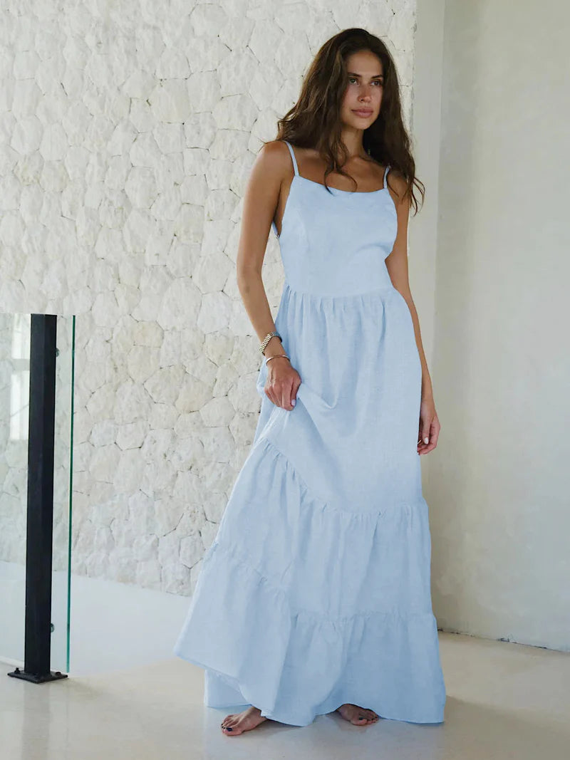 VESTIDO BRUNCA LARGO DE TIRANTES CON ESPALDA DESCUBIERTA Y COLOR SÓLIDO