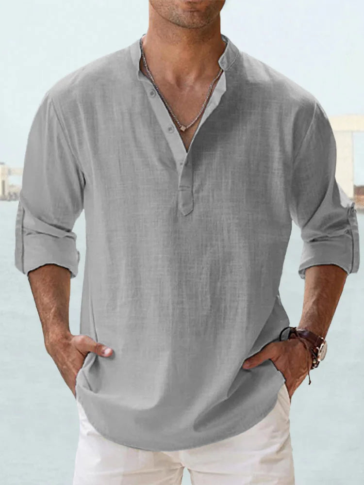 Camisa informal de lino y algodón de manga larga para hombre
