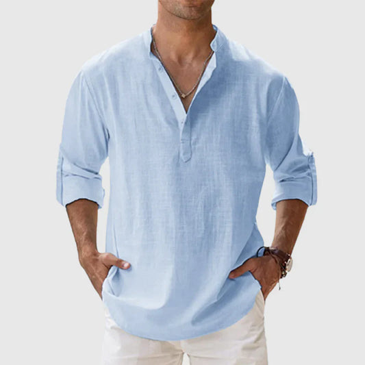 Camisa informal de lino y algodón de manga larga para hombre