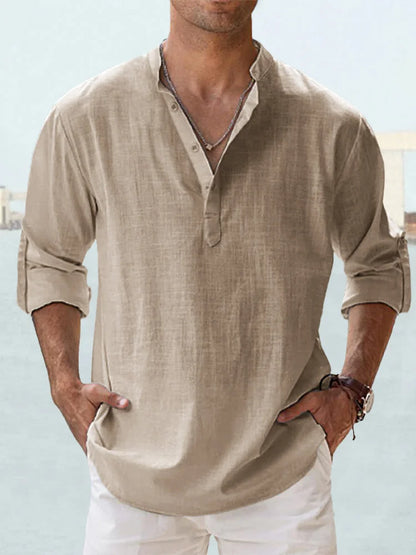 Camisa informal de lino y algodón de manga larga para hombre