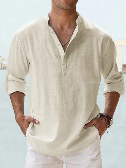 Camisa informal de lino y algodón de manga larga para hombre