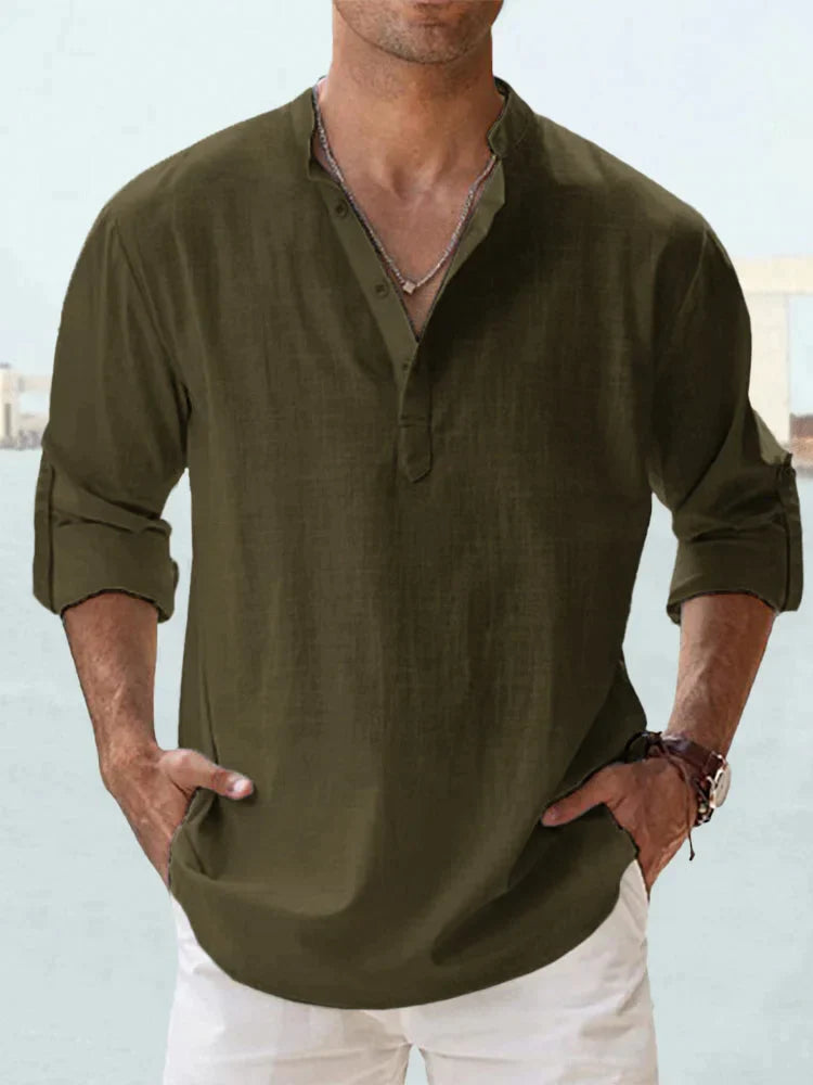 Camisa informal de lino y algodón de manga larga para hombre
