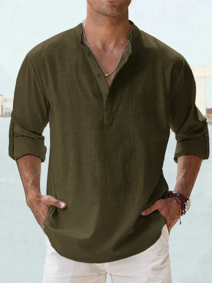 Camisa informal de lino y algodón de manga larga para hombre
