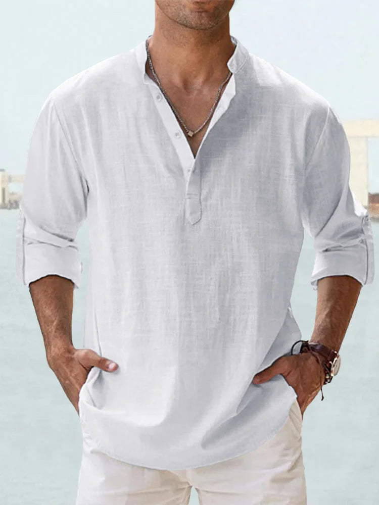 Camisa informal de lino y algodón de manga larga para hombre