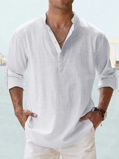 Camisa informal de lino y algodón de manga larga para hombre